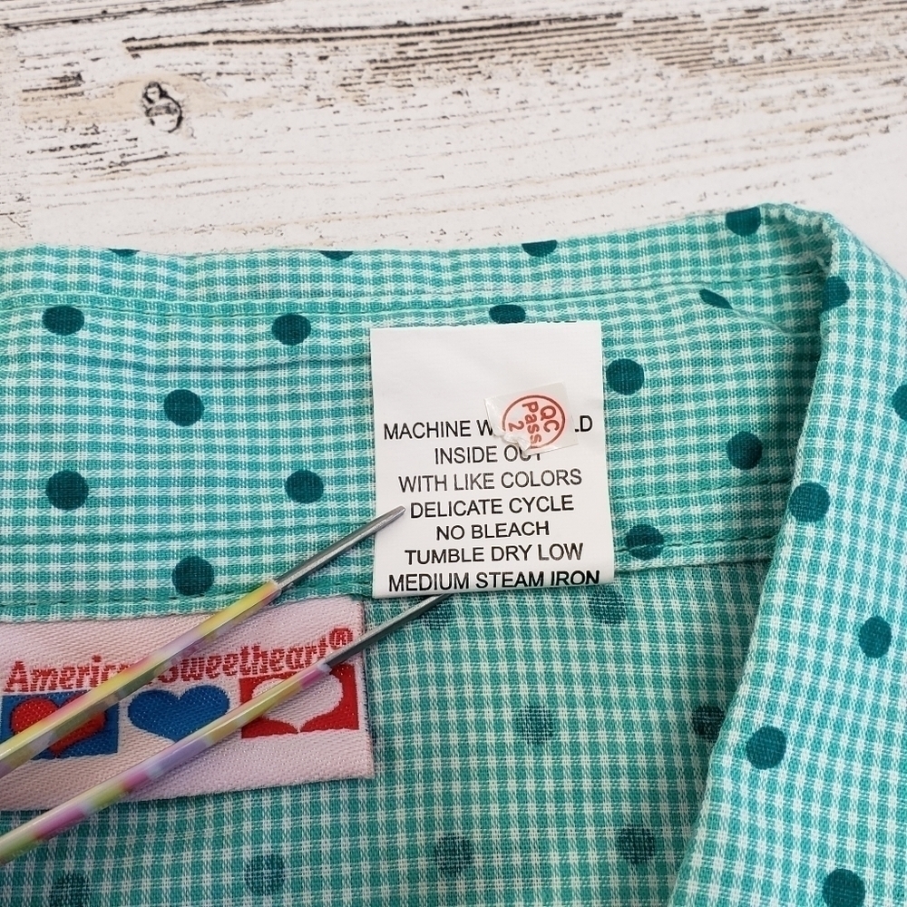 American Sweetheart Womens Blue Green Button Gingham Polka Dot Top Size Large - Picture 5 of 5